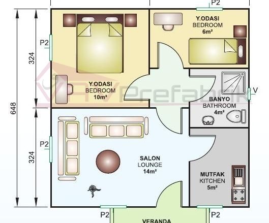 45 m2 prefabrik ev planı